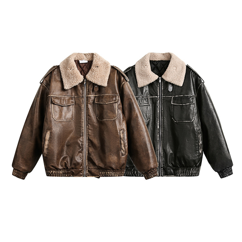 BARN JACKET WITH DISTRESSED WARM PU LEATHER