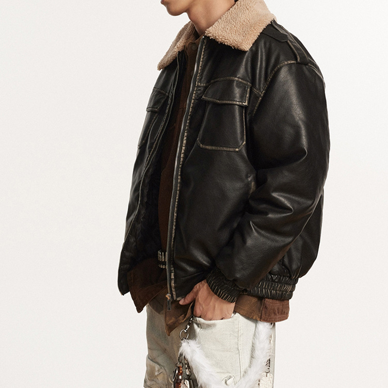 BARN JACKET WITH DISTRESSED WARM PU LEATHER