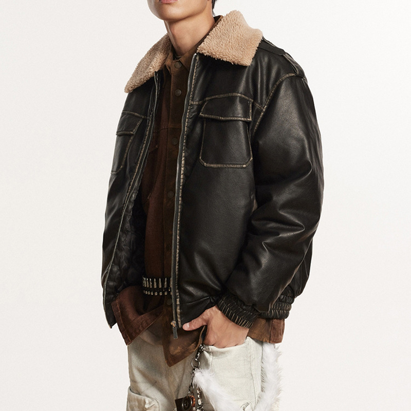 BARN JACKET WITH DISTRESSED WARM PU LEATHER