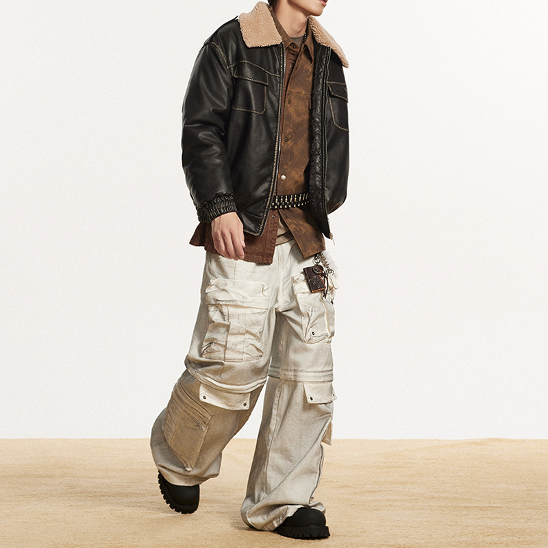 BARN JACKET WITH DISTRESSED WARM PU LEATHER