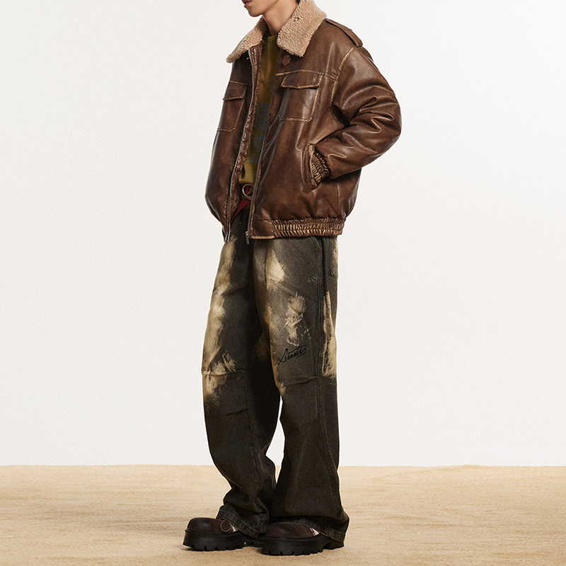 BARN JACKET WITH DISTRESSED WARM PU LEATHER