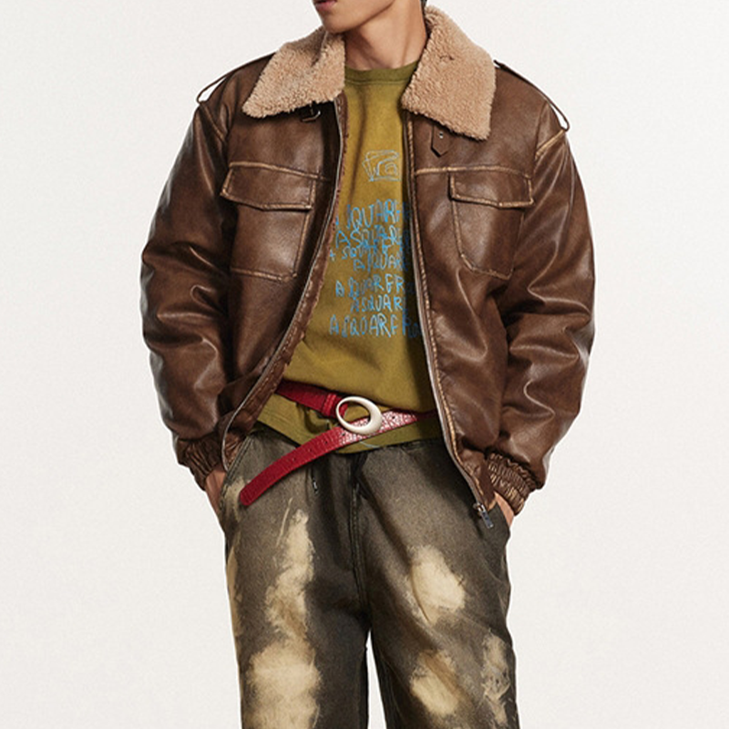 BARN JACKET WITH DISTRESSED WARM PU LEATHER