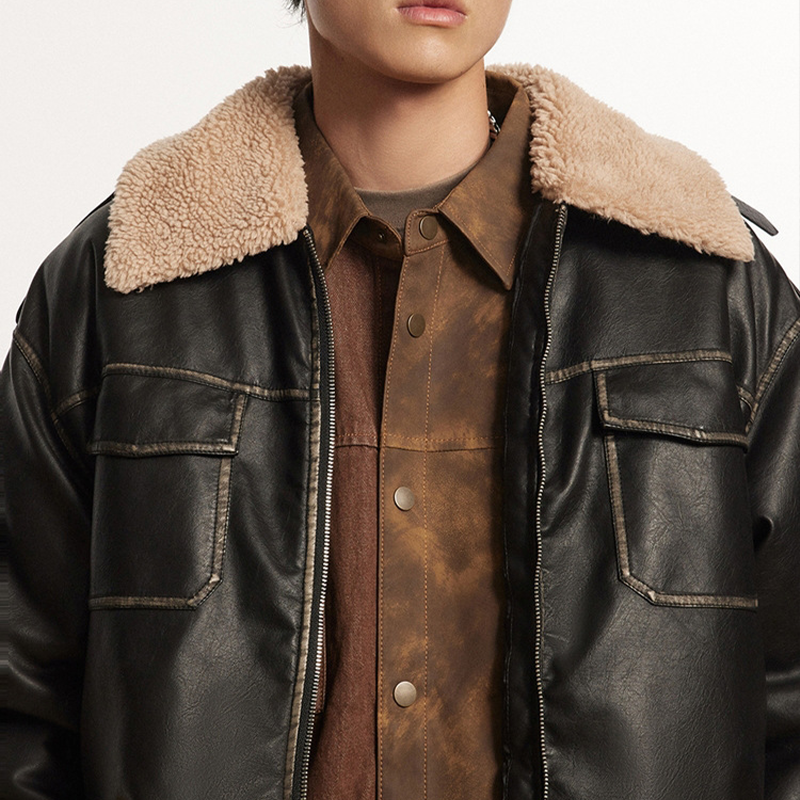 BARN JACKET WITH DISTRESSED WARM PU LEATHER