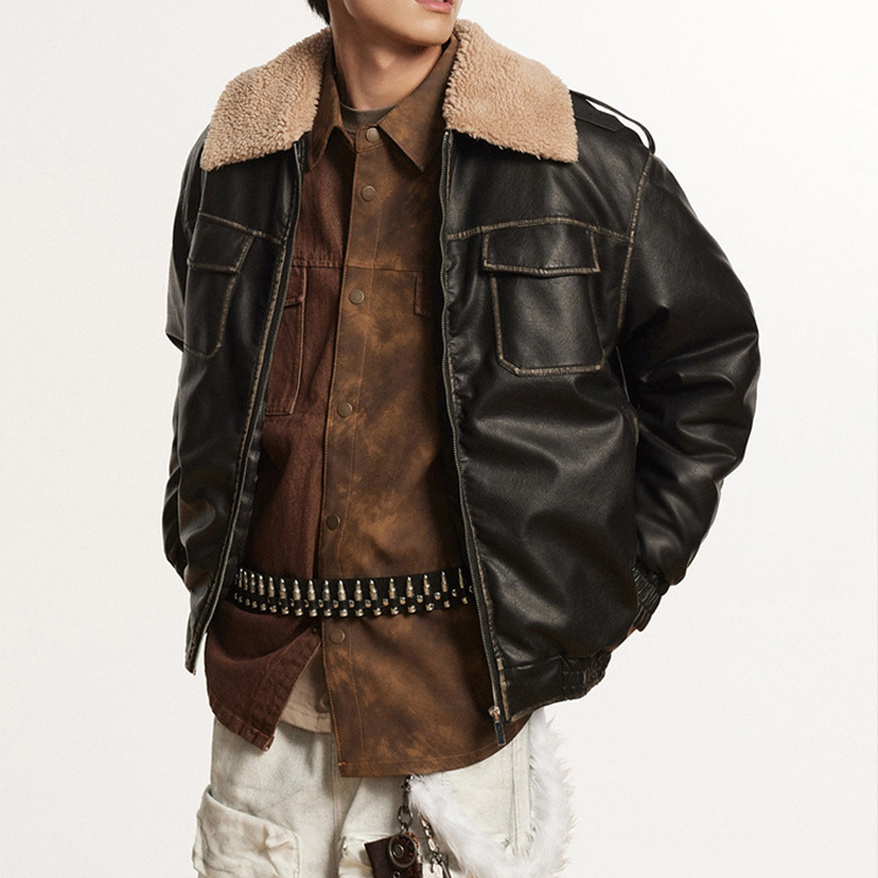 BARN JACKET WITH DISTRESSED WARM PU LEATHER