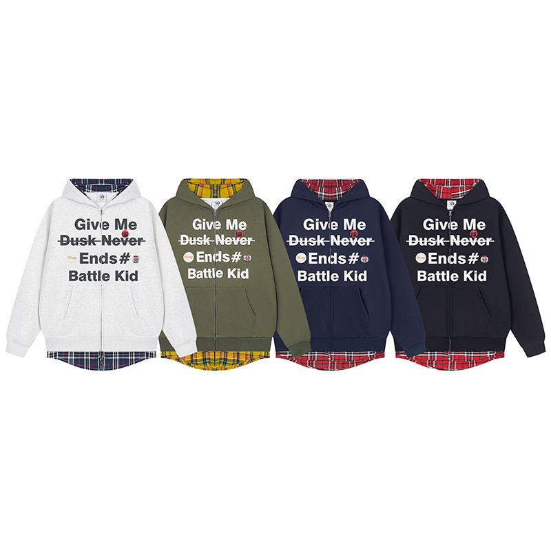 FAKE TWO-PIECE PLAID & WORDS ZIP-UP HOODIE LONG SLEEVE