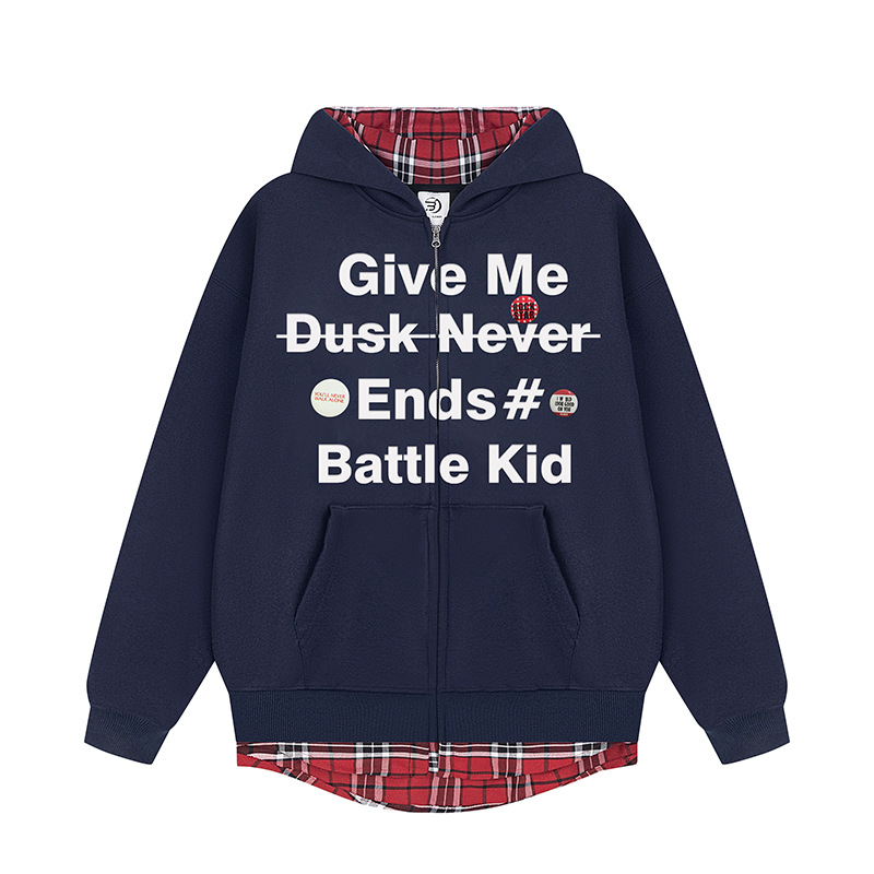 FAKE TWO-PIECE PLAID & WORDS ZIP-UP HOODIE LONG SLEEVE