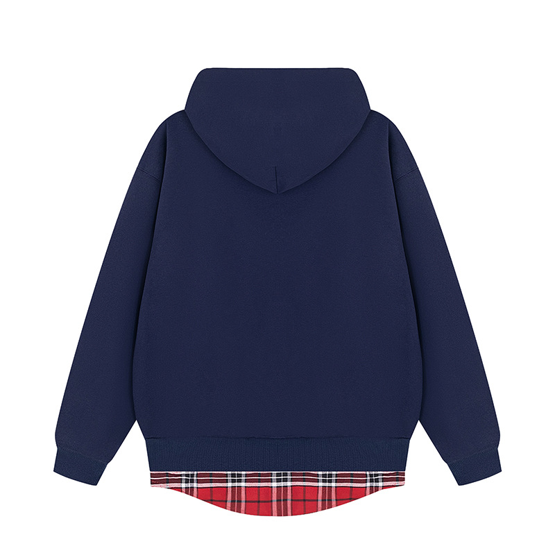 FAKE TWO-PIECE PLAID & WORDS ZIP-UP HOODIE LONG SLEEVE