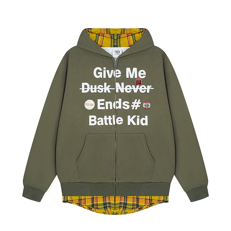 FAKE TWO-PIECE PLAID & WORDS ZIP-UP HOODIE LONG SLEEVE