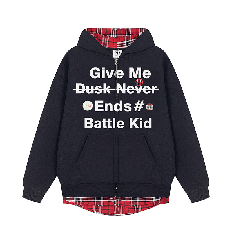 FAKE TWO-PIECE PLAID & WORDS ZIP-UP HOODIE LONG SLEEVE