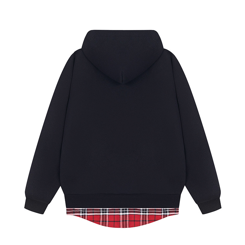 FAKE TWO-PIECE PLAID & WORDS ZIP-UP HOODIE LONG SLEEVE