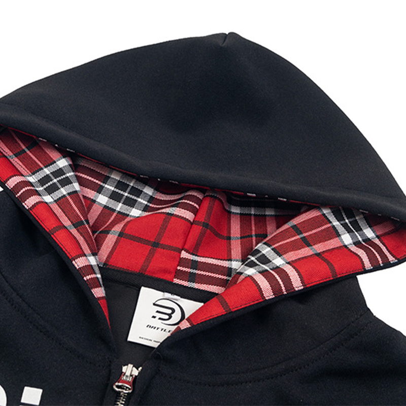 FAKE TWO-PIECE PLAID & WORDS ZIP-UP HOODIE LONG SLEEVE