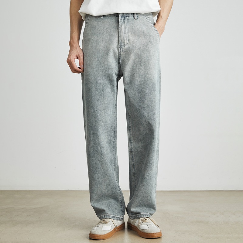 MICRO-FLARED JEANS WITH LOOSE STRAIGHT-LEG WASHED DISTRESSED CLEANFIT PANTS