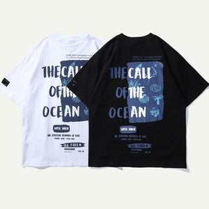 OCEAN PATTERN BASIC LOSSE CASUAL TEE SHIRT