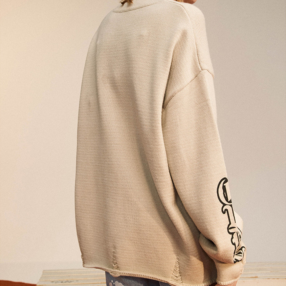 390G RIPPED KNITTED ARM PRINT WOOL TERRY SWEATER
