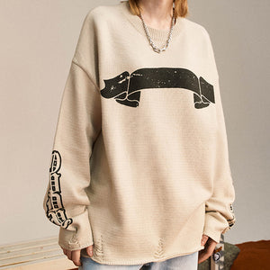 390G RIPPED KNITTED ARM PRINT WOOL TERRY SWEATER