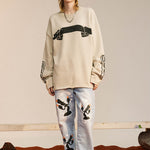 Load image into Gallery viewer, 390G RIPPED KNITTED ARM PRINT WOOL TERRY SWEATER
