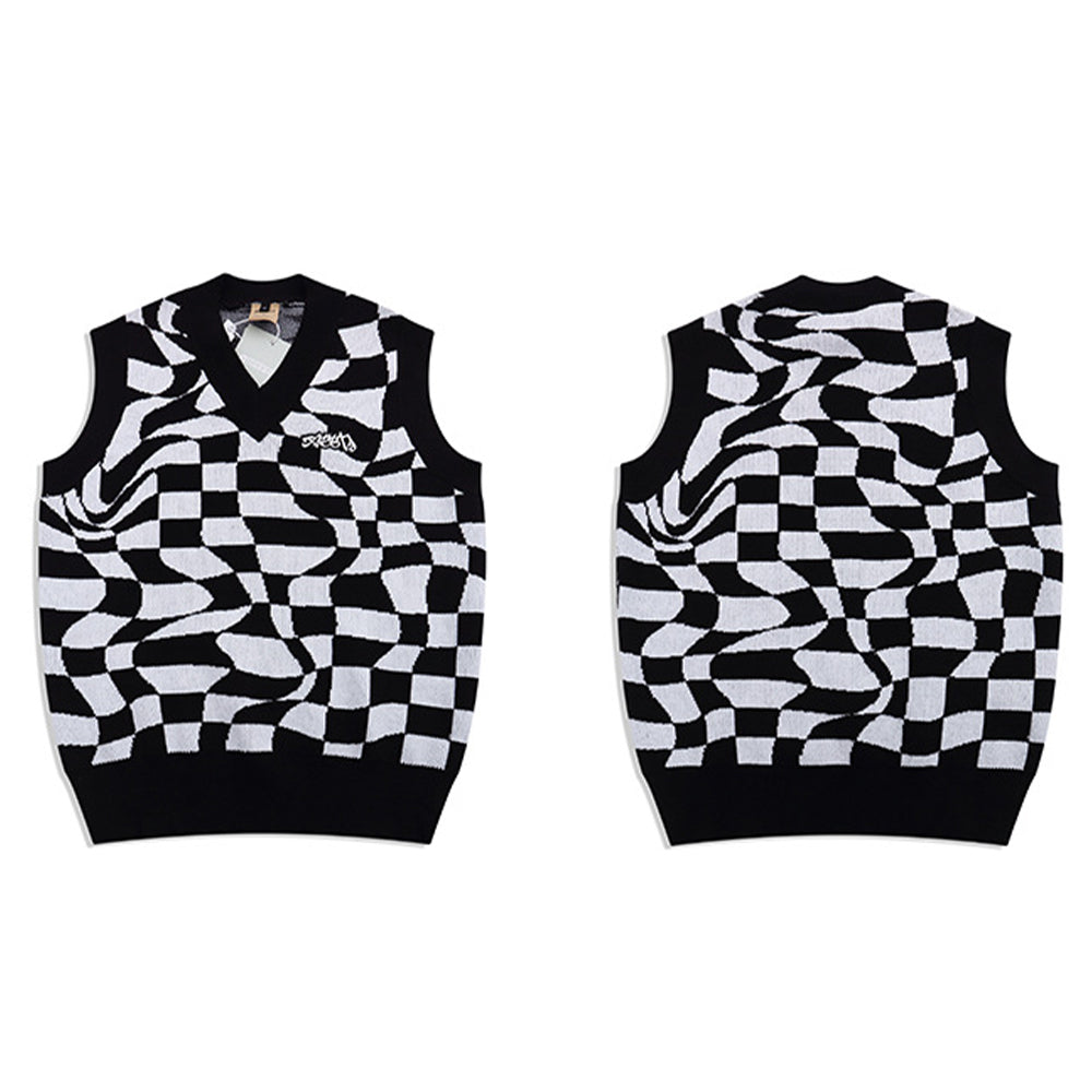 GARBLED TWISTED SPACE CHECKERBOARD KNITTED VEST