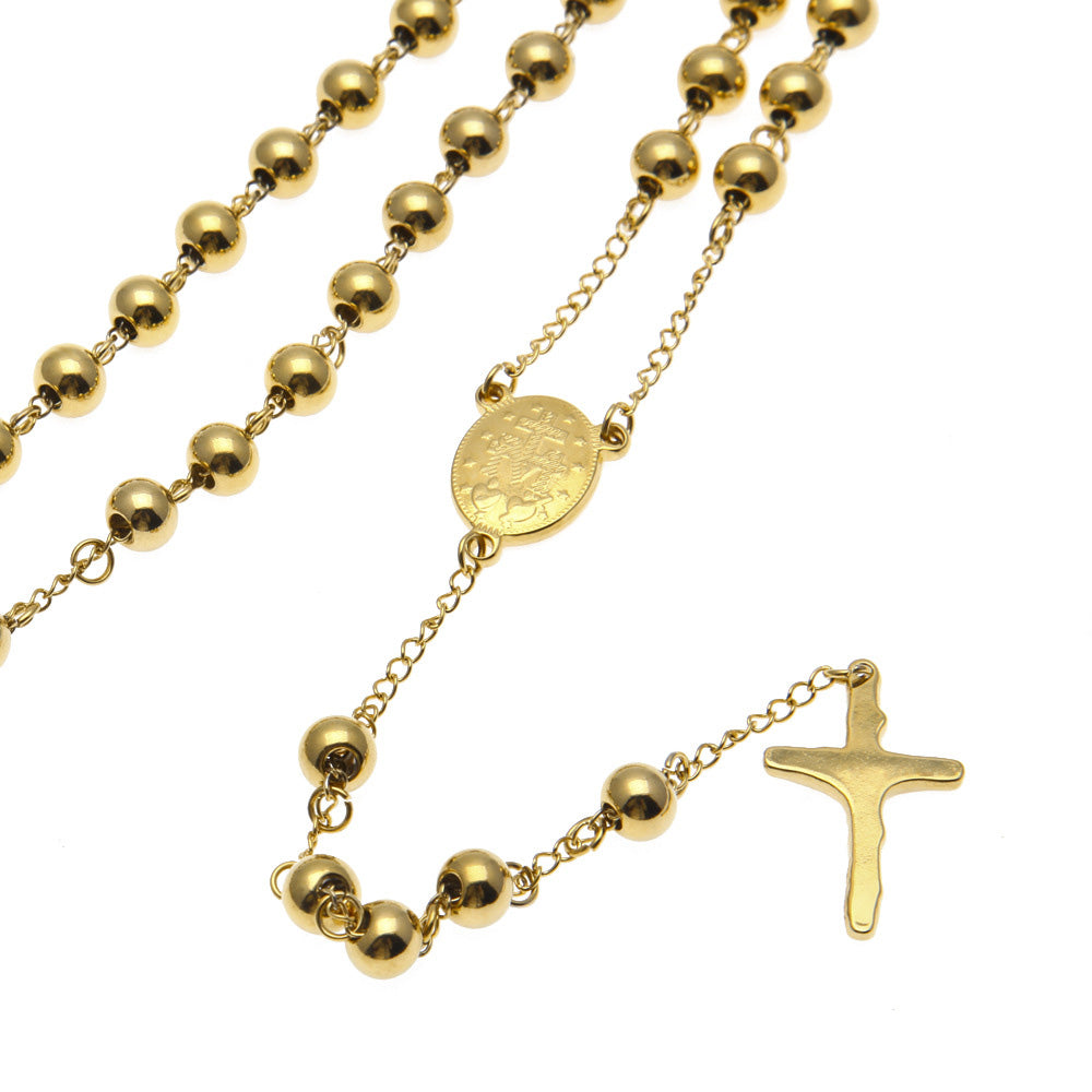 8MM ROUND BEADS NECKLACE JESUS CROSS ICE OUT PENDANT