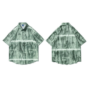 TIE DYE STRIPED CLASSIC LAPEL SHORT SLEEVE SUMMER SHIRT