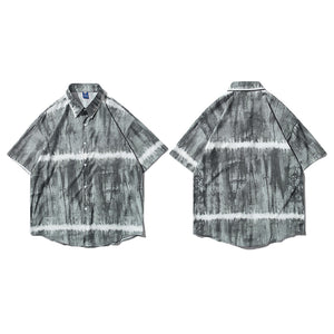 TIE DYE STRIPED CLASSIC LAPEL SHORT SLEEVE SUMMER SHIRT